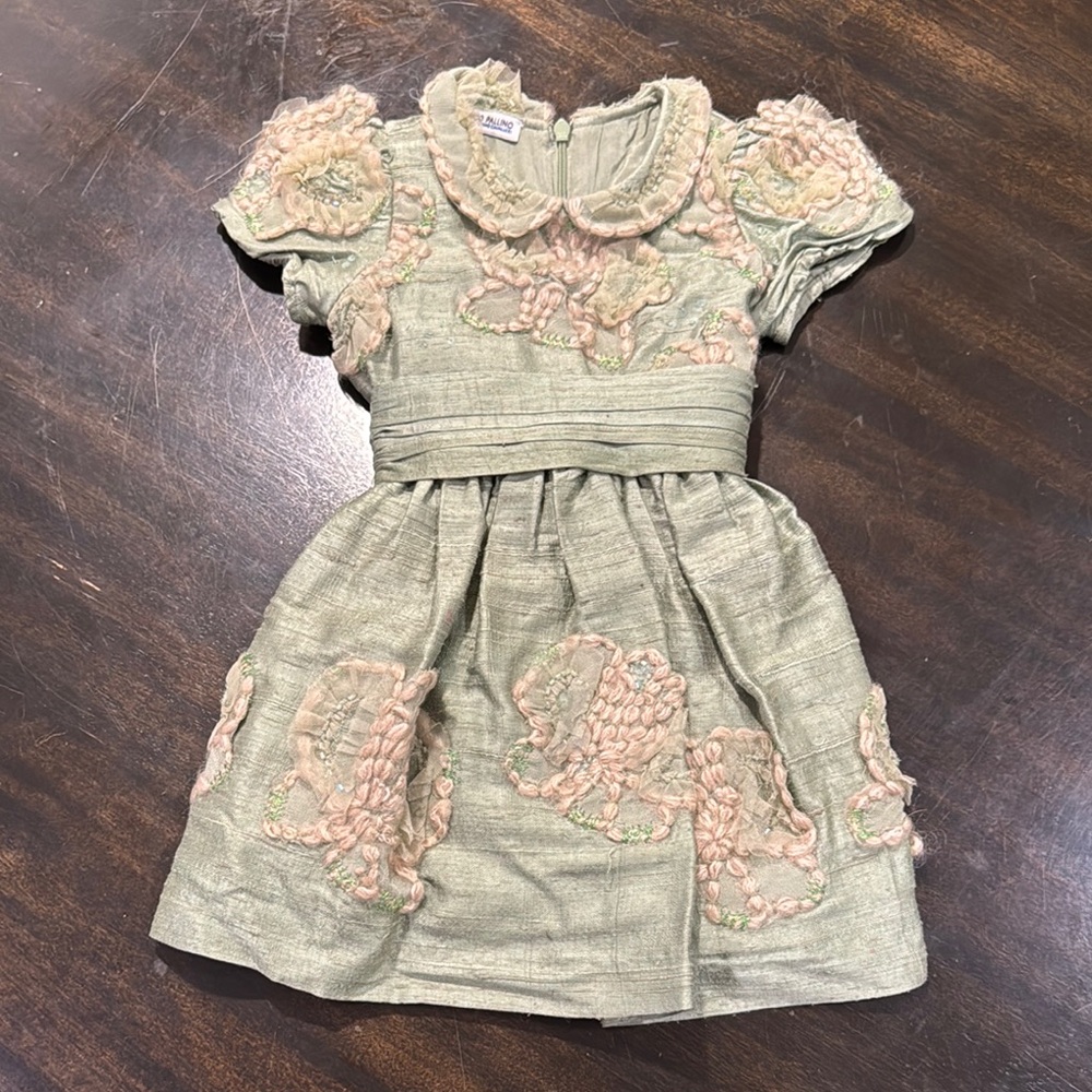 Pinco Pallino Green Sundress with Puff Sleeves and Peter Pan Collar, Silk